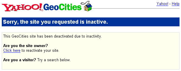 Geocities Inactive warning