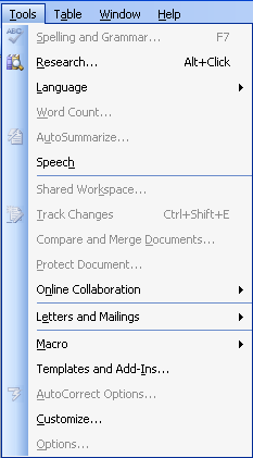 Word 2003: Tools menu