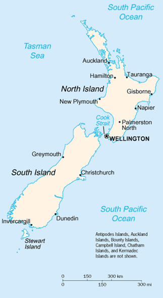 Map of New Zealand showing various towns