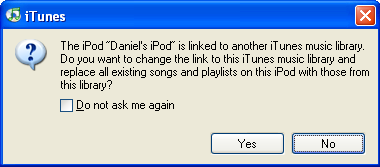 Dialog inviting me to wipe the iPod clean, since I'm plugging it into a new computer