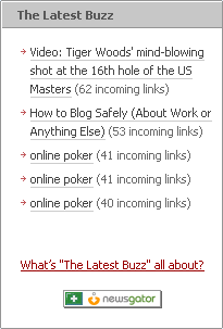 Newsgator latest buzz showing links to Poker web sites