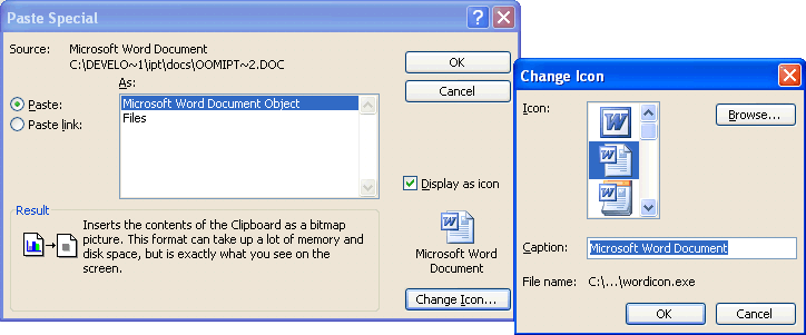 Dialog box for embedding documents