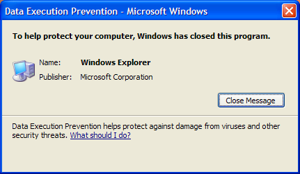 DEP shuts down Windows Explorer